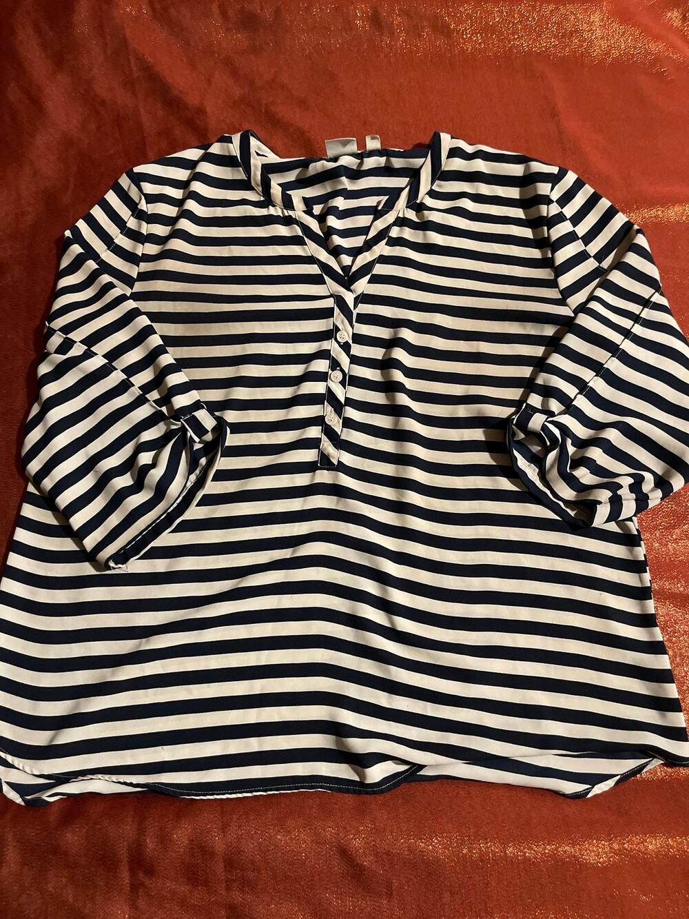 Soho NY & Company Top Womens XL Navy White Striped Henley 3/4 Sleeve Button